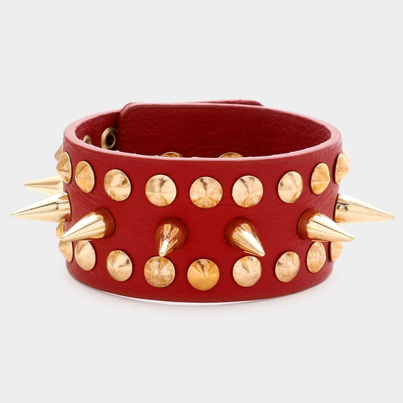 Red & Gold Spike Studded Vegan Leather Bracelet - Picture 1 of 2